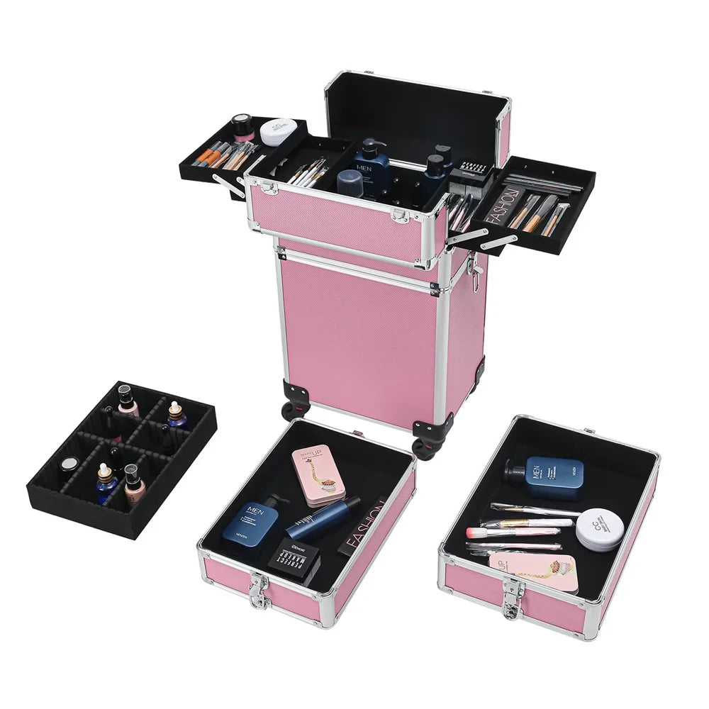Makeup Case Trolley Case,Pink Case Zeng Drawers Makeup with Train Rolling