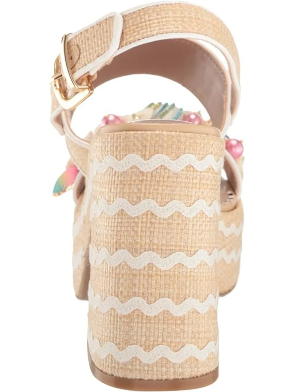 Slingback Mixed Media 2" Beige Woven BETSEY Buckle Sandal Shellie Embellished 10 JOHNSON M Block Platform Round Womens Toe Heel
