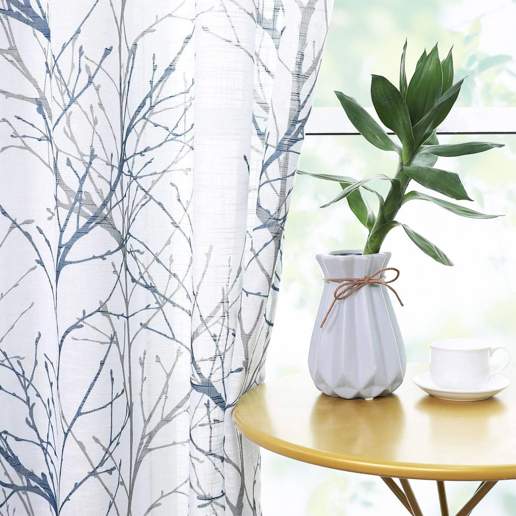 Branches Tree Drapes Gray Blue Living for Sheer for Curtain Decoultimatex Set White Linen Bedroom, Window Sheer Textured Grommet, Print Curtain Panels Room 52"x84"x2 Semi
