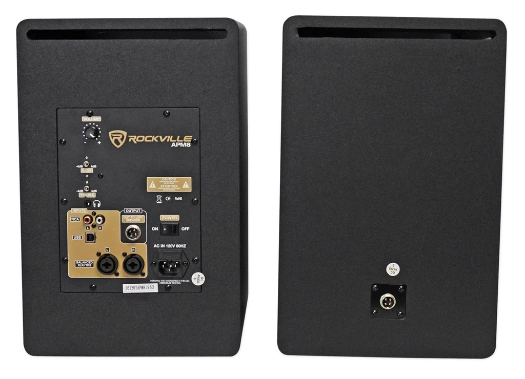 USB Studio 8" Rockville APM8W Monitor Black Speakers+28" Stands Premium (2)