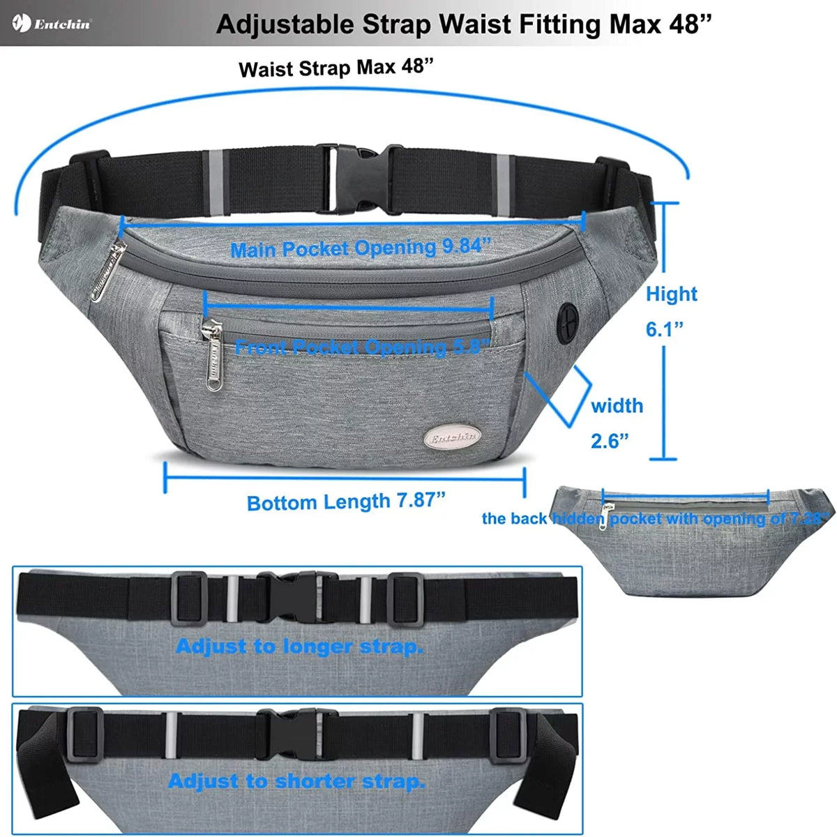 Entchin Hiking, Bum Casual Men Bags Pack Travel, Fanny Waist Pack 4-Zipper fashion with for Cycling and Running, Women Crossbody for premium Pockets,