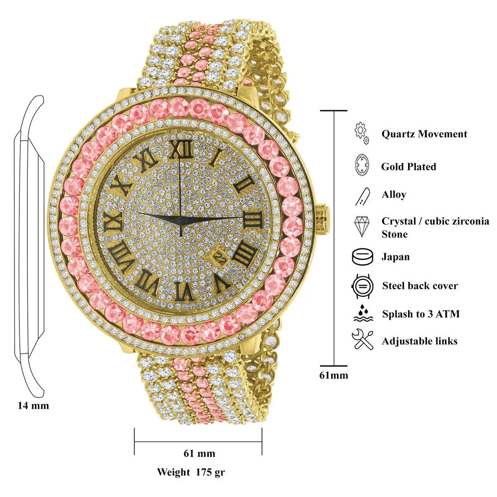 Pink dimension Gold Simulated Roman Face Diamond Rodeo Mens Tourmaline Adjustable Dial Big Jo Band Watch Custom Numeral Tone