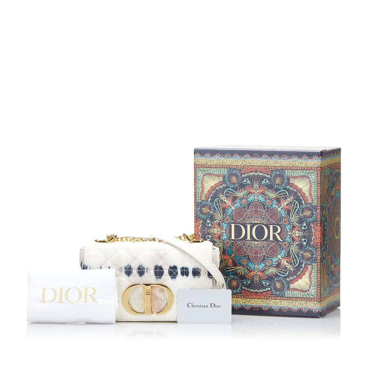 (Good) Fabric Caro Tie Authenticated Small Pre-Owned White Bag Denim Crossbody Dior Dye Unisex