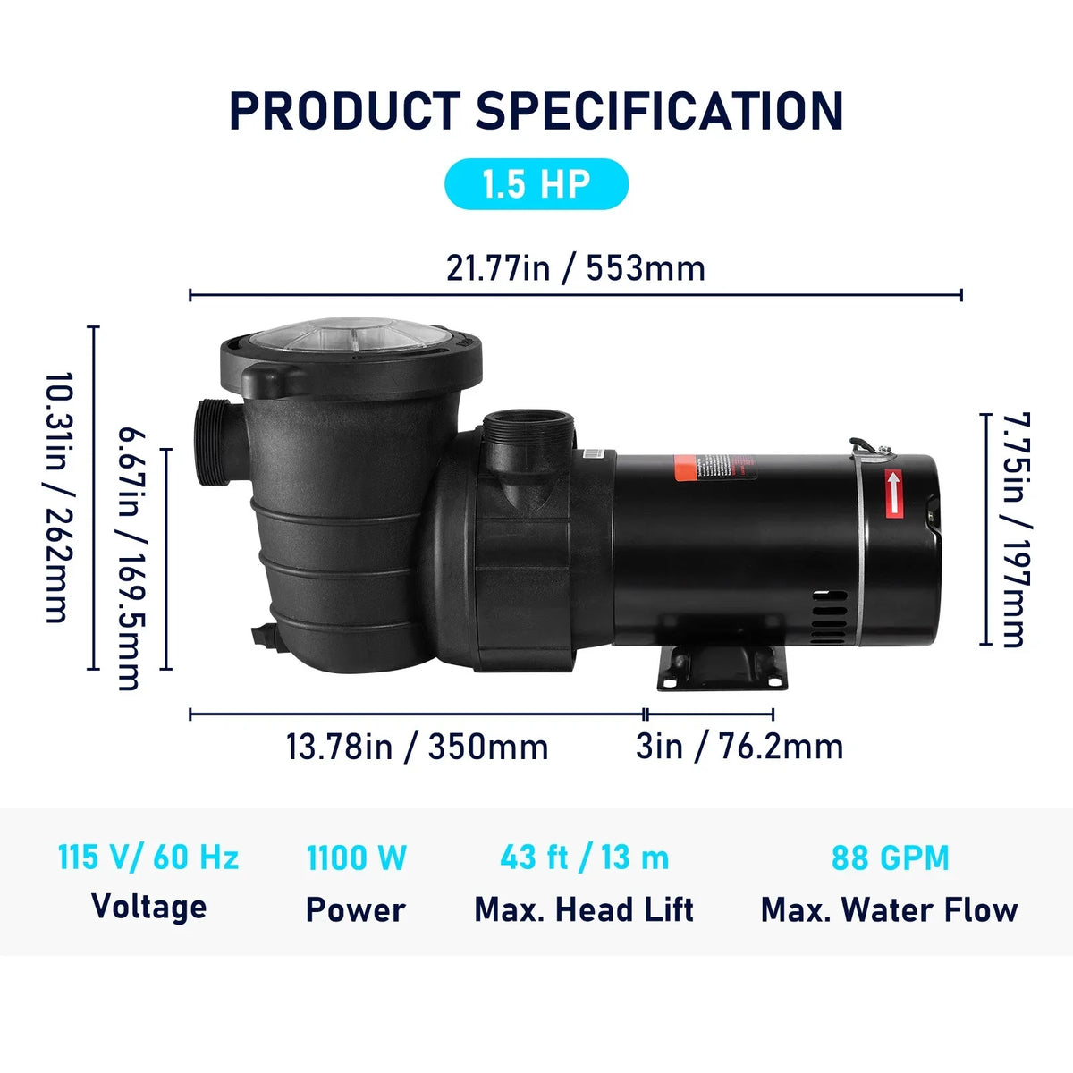 Single for Pump, 1100 ETL Speed In/ of Certification Flow, HP Pool Max. Strainer V, Pool w/ 115 Above W Basket, Pump SKYSHALO Security for 5280 1.5 Ground Swimming GPH