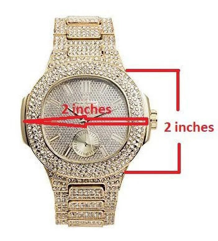 '- 8475B (Gold/Gold) Mens Metal Out Bling-ed Case Watch w/Matching Bracelet Set Bling-ed Oblong Out