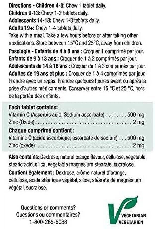 Natural 500mg, Tablets + 400 Chewable Vitamin Tangy C Orange, Jamieson Zinc