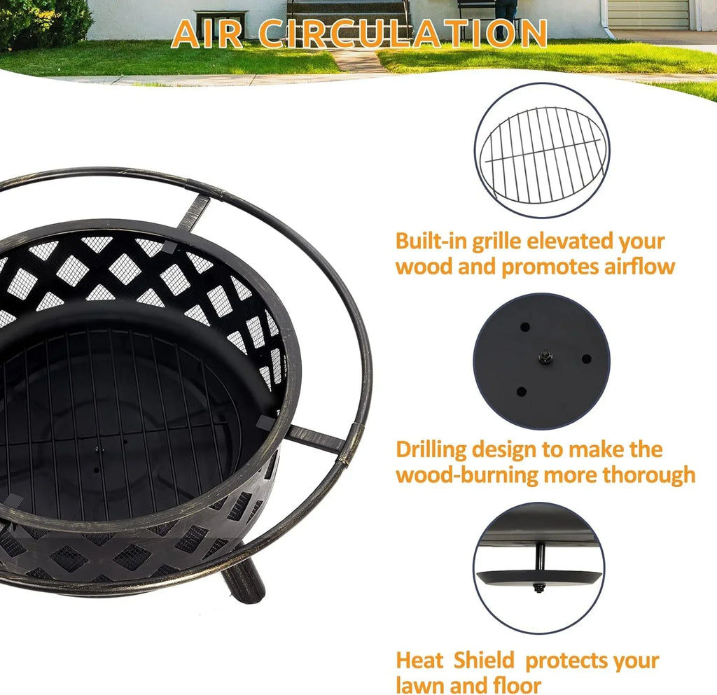Screen for Poker ECOPATIO Fire Wood Camping, Grill Steel Garden, Firepit Pits, Backyard for Large Spark Patio Bonfire, 30 exterior Picnic Burning Grate, with Pit Fire Inch & BBQ Outside, Cooking