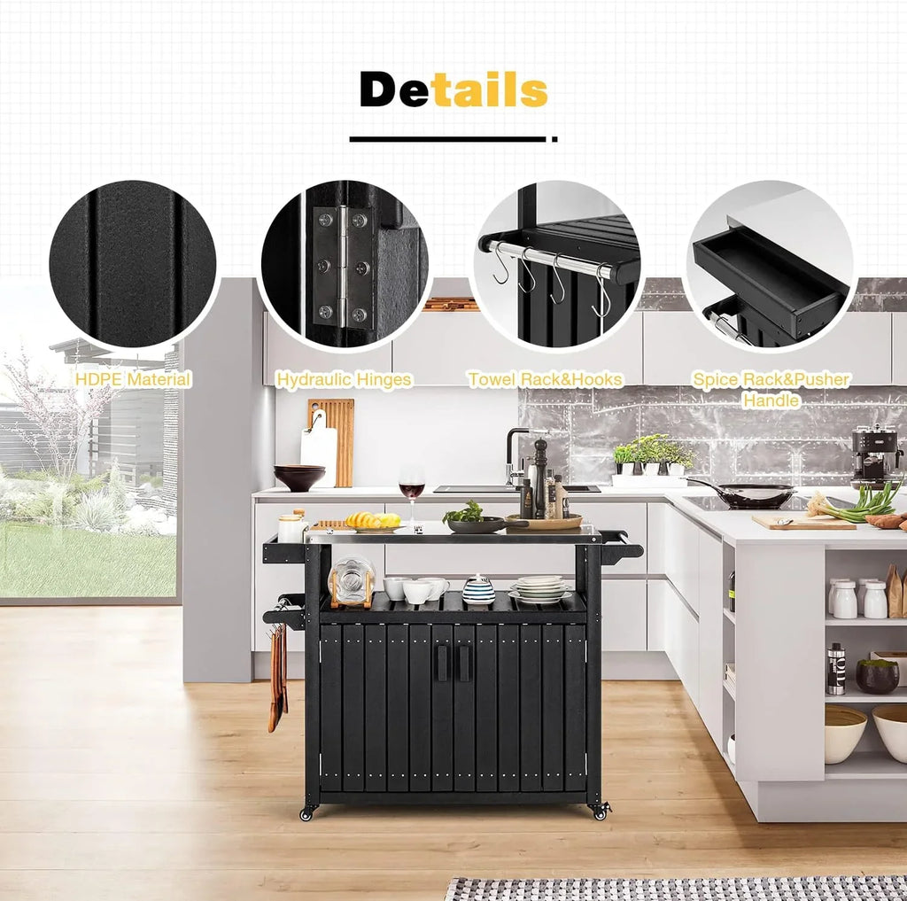 Rolling Towel Rack, Cabinet, Island And Storage Island With With Spice HDPE Steel Rack, Table Cart, Kitchen Black Hooks, Stainless Kitchen Top