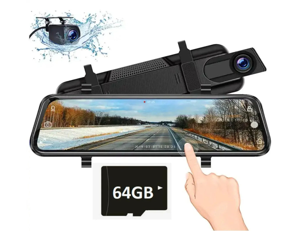 10” & (64 G-Sensor, Rear-View Monitoring Wide Dual Mirror Dash Lens included) Vision Card SD Front Parking Loop Recording Night Touchscreen 1080P Camera Cam GB Angle, 170°