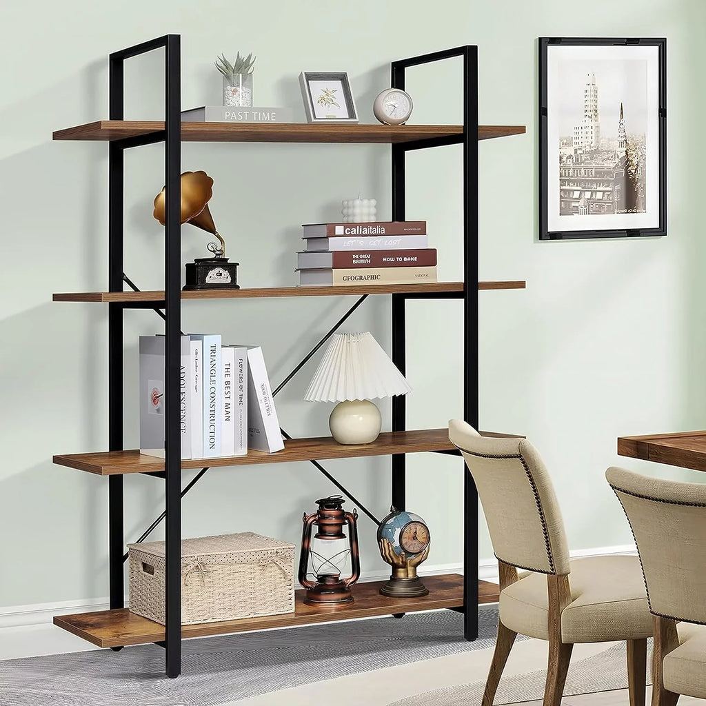Display Office, Rustic Frame, 4-Tier DIQIN Shelf, Tall Home Shelves Bedroom, Living Book Bookshelf, Open for Bookcase Brown Metal with Room,