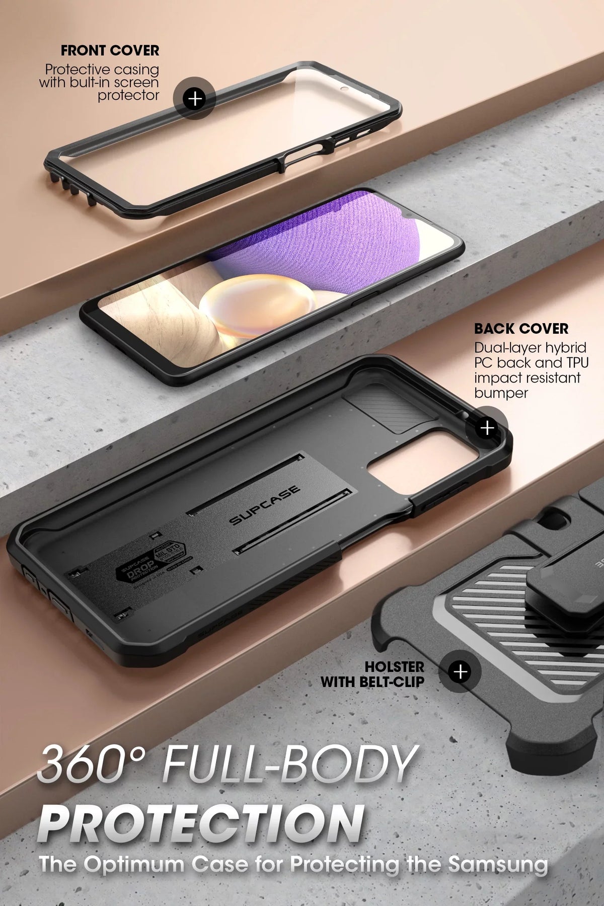 Version], with & Fit Pro (Black) Case Protector Case for SUPCASE [Not Kickstand Series Galaxy Full-Body Rugged Designed Beetle Holster Screen 5G Built-in Unicorn A32 4G