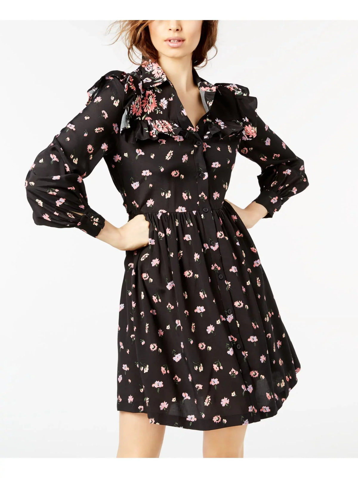 JILL Black Long STUART L Sleeve Shirt Womens Ruffled outfit Printed