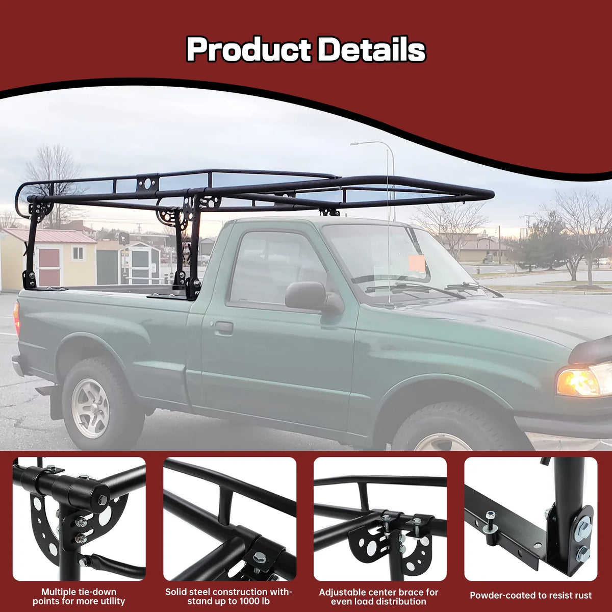 Rack Kayak Truck Contractors Universal Bed Lumber Cab Pickup Inch Bar 1000 Adjustable Over-Cab Side Kojem LBS 60 Rack Long Ladder