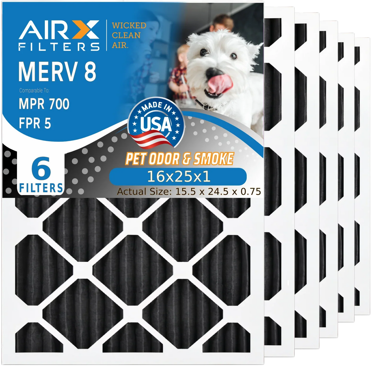 6 5 WICKED by Odor AIR. Pack 700 HVAC 8 Eliminator to Furnace CLEAN AC Filter Carbon Filters Air 16x25x1 16x25x1 & Made MERV FILTERS Comparable FPR AIRX Premium Filter USA MPR