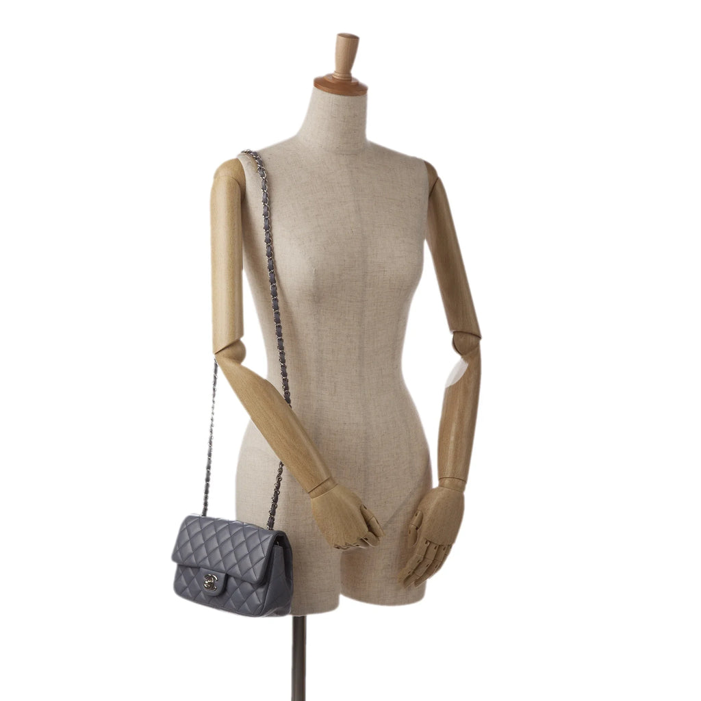 Crossbody Lambskin Single Mini Unisex Leather Pre-Owned Classic (Fair) Bag Flap Rectangular Authenticated Gray