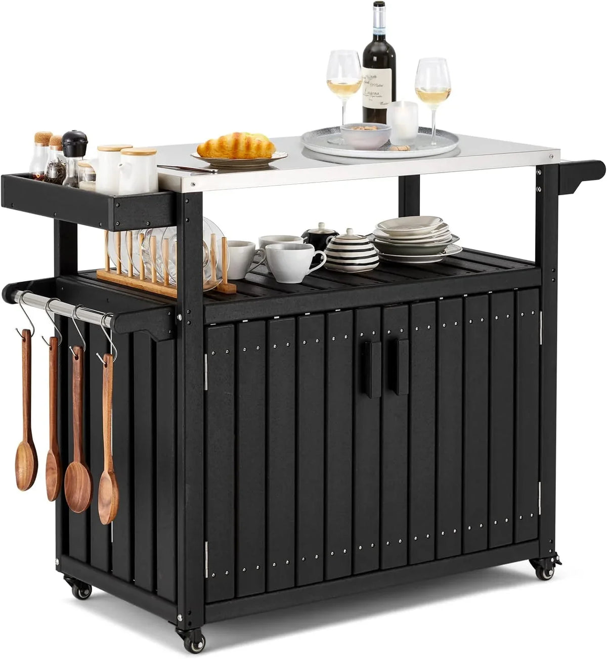 Rolling Towel Rack, Cabinet, Island And Storage Island With With Spice HDPE Steel Rack, Table Cart, Kitchen Black Hooks, Stainless Kitchen Top