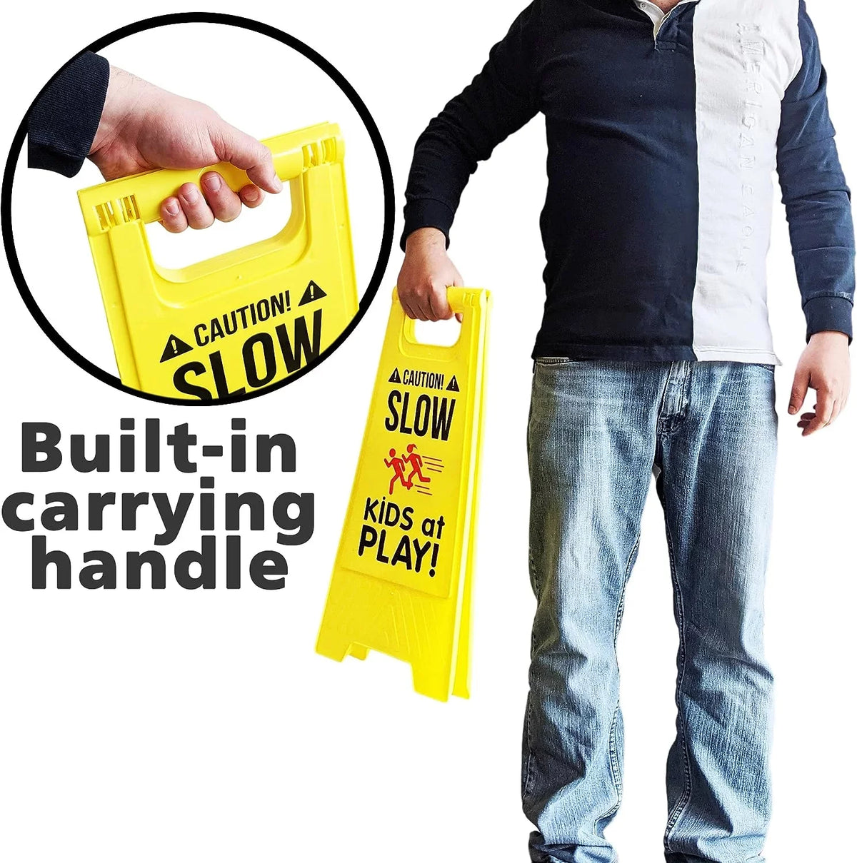 Caution! Signs, SciencePurchase Color, - KIDS at Standing Fold-Out Visibility - with Portable Sided, Handle PLAY! High Double Yellow Signs, SLOW Pack by Carrying 2