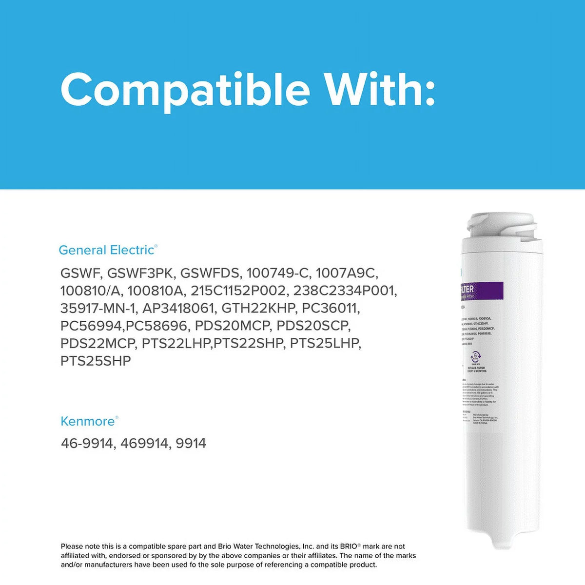 Filter GSWF, 100749C, liquid GE Replacement WIth GSWF3PK, Refrigerator 6023A 100749-C, 100810A 100810/A, Brio Compatible GSWFDS,