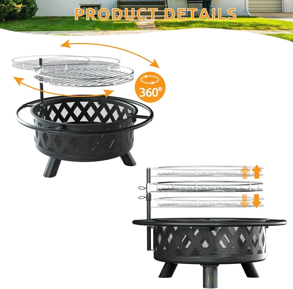 Screen for Poker ECOPATIO Fire Wood Camping, Grill Steel Garden, Firepit Pits, Backyard for Large Spark Patio Bonfire, 30 exterior Picnic Burning Grate, with Pit Fire Inch & BBQ Outside, Cooking