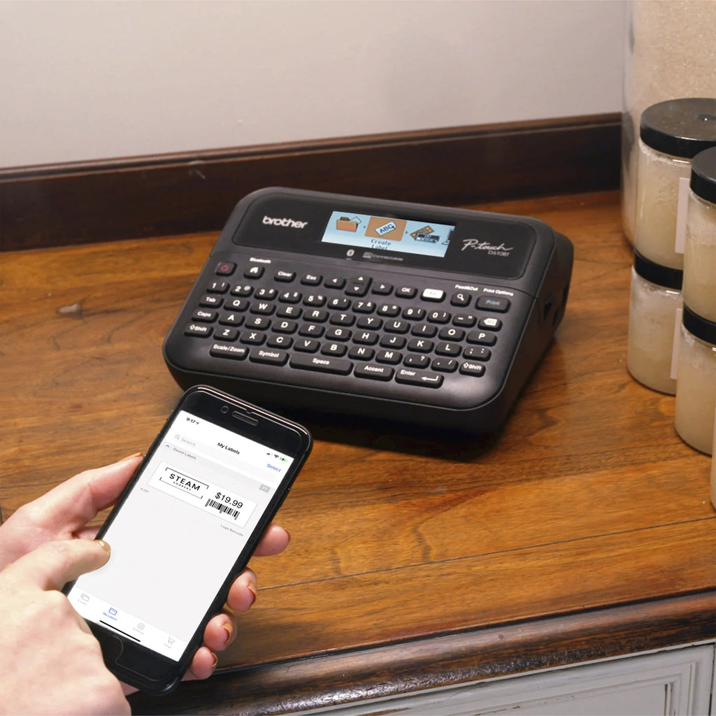 Label Connected includes case Sample Black with Professional Brother Business Print Label and 4m PT-D610BTVP on P-touch Bluetooth® Clear (12mm). ~1/2” Tape Maker Connectivity, carry