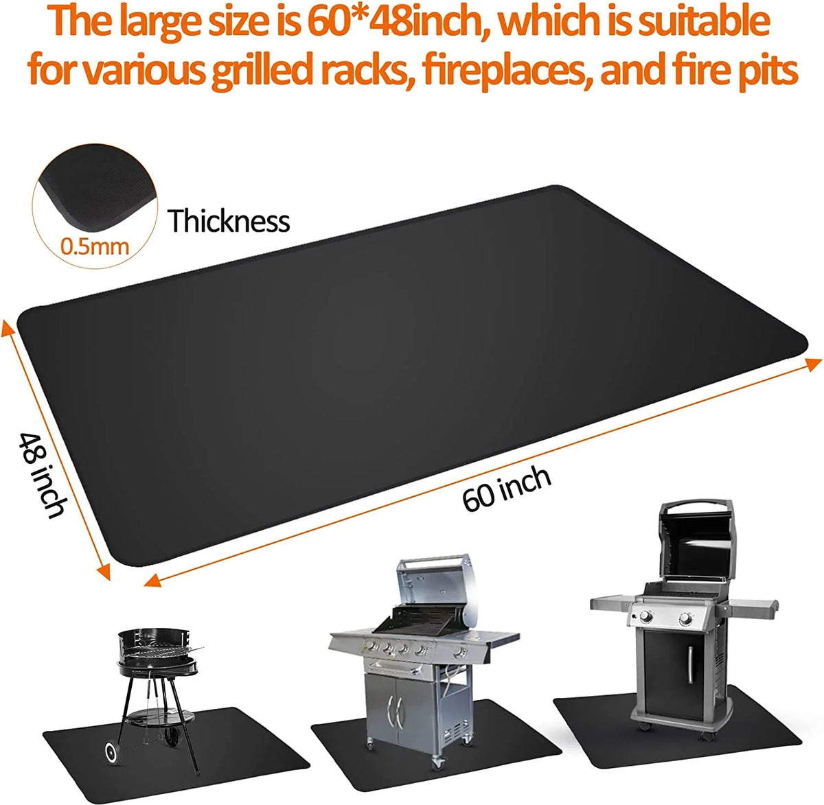 Mat BBQ Charcoal, for Grill for Mat Indoor exterior Mat Gas Fireproof 60*48inch AXOMRFC Black Flat Protector, Pit Deck for Smokers, Top, Grill, Grills, Grill Under Mat, Mat Fireplace Fire exterior