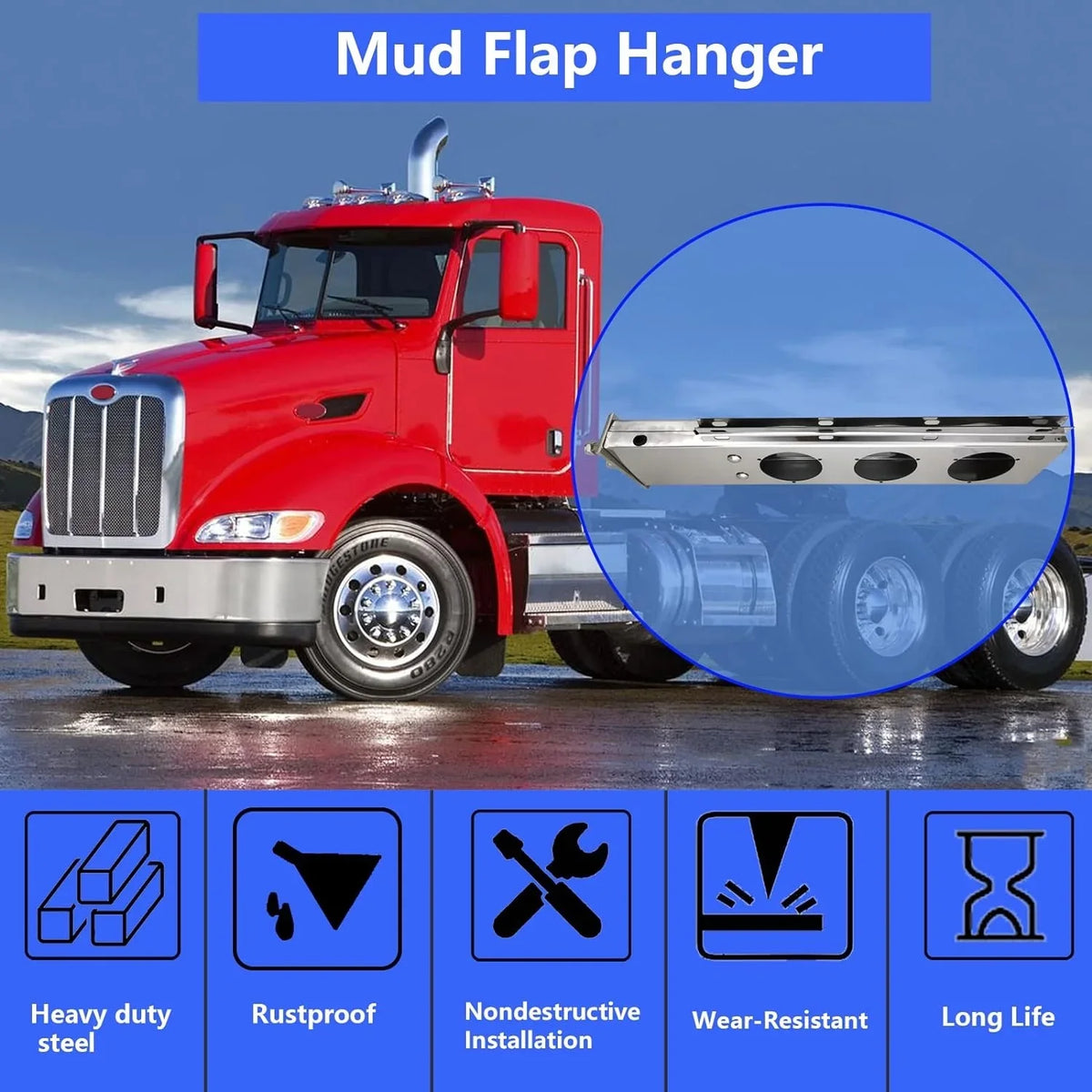 Length Straight for Semi Bracket Holder Loaded Stainless Set Bolt Steel Spacing POWERWORKS Hanger Flap Spring 2.5" Mud fit 30" Trucks Mudflap