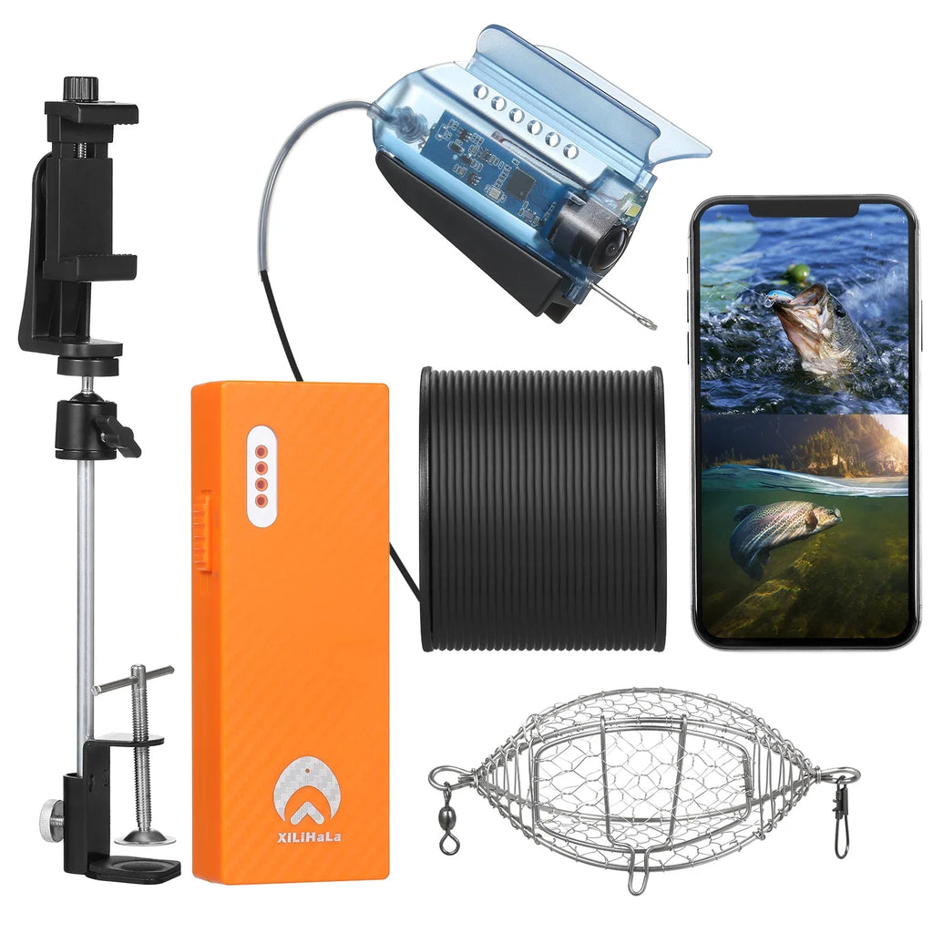 Fishing Camera Holder Finder Mobile Ice APP Cable with Case Lake Fishing Sea 50M Boat Underwater Fish Video with Camera Control Live Kayak for Phone Bait Cage Fishing Carry MIXFEER 1080P