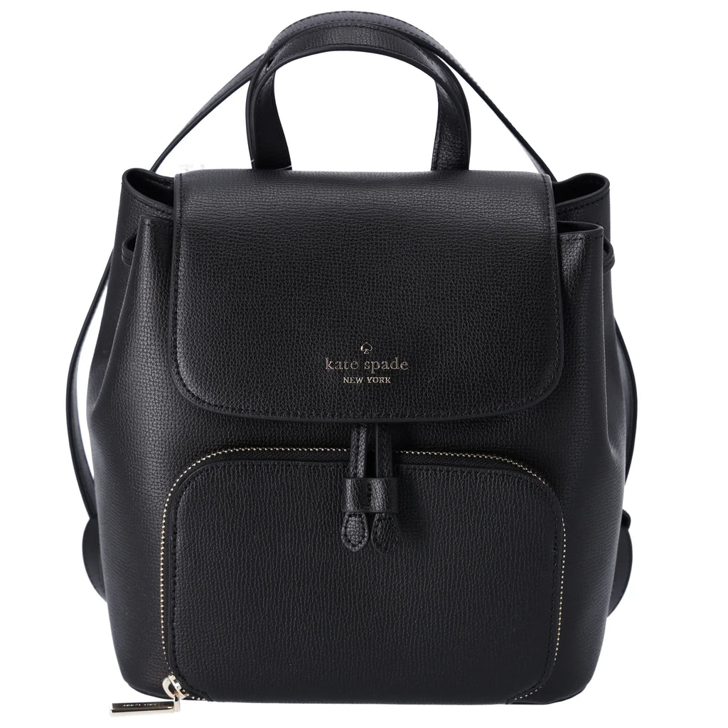 Kristi Spade Leather Flap Black Kate Medium Refined Grain Drawstring Backpack