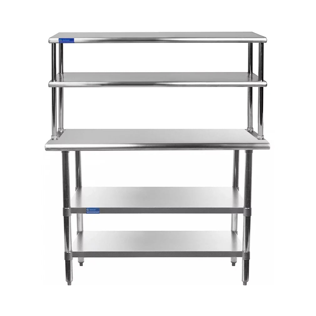 Table Tier Kitchen With Combo Overshelf & Two Prep 48" | 18" | Shelves 12" Work Metal x Shelving Stainless Wide Double Table Steel