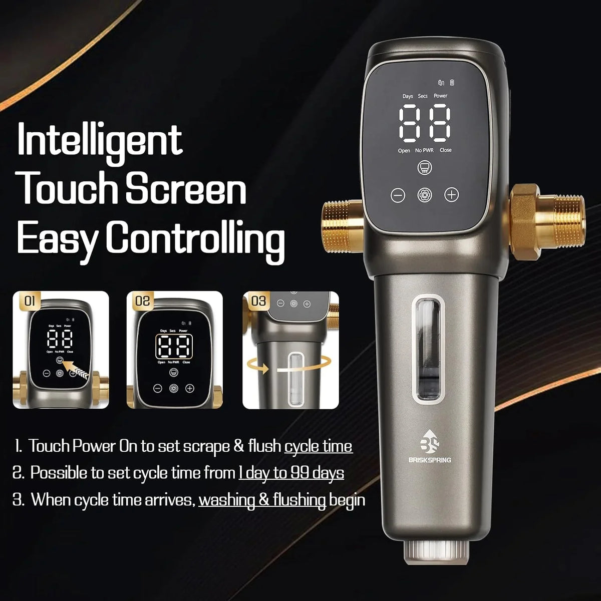 King FNPT Connector Sediment Filter liquid + Touch-Screen Spin OUWI's Model House Flushing 3/4" Automatic and 40 MNPT Head, 360°Rotatable Filter, Whole Micron Drainage, Reusable Down 1" System,