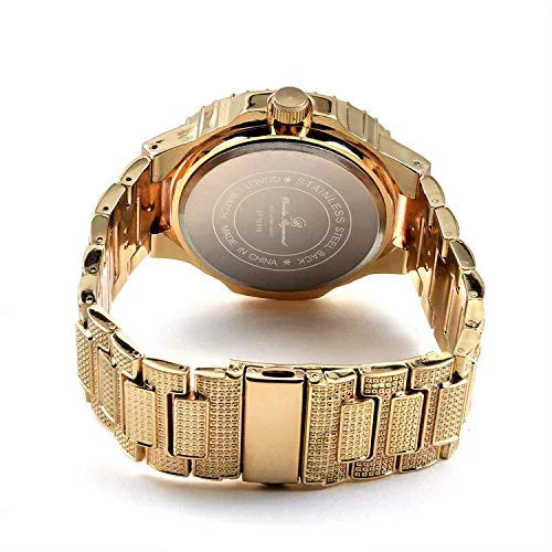 '- 8475B (Gold/Gold) Mens Metal Out Bling-ed Case Watch w/Matching Bracelet Set Bling-ed Oblong Out
