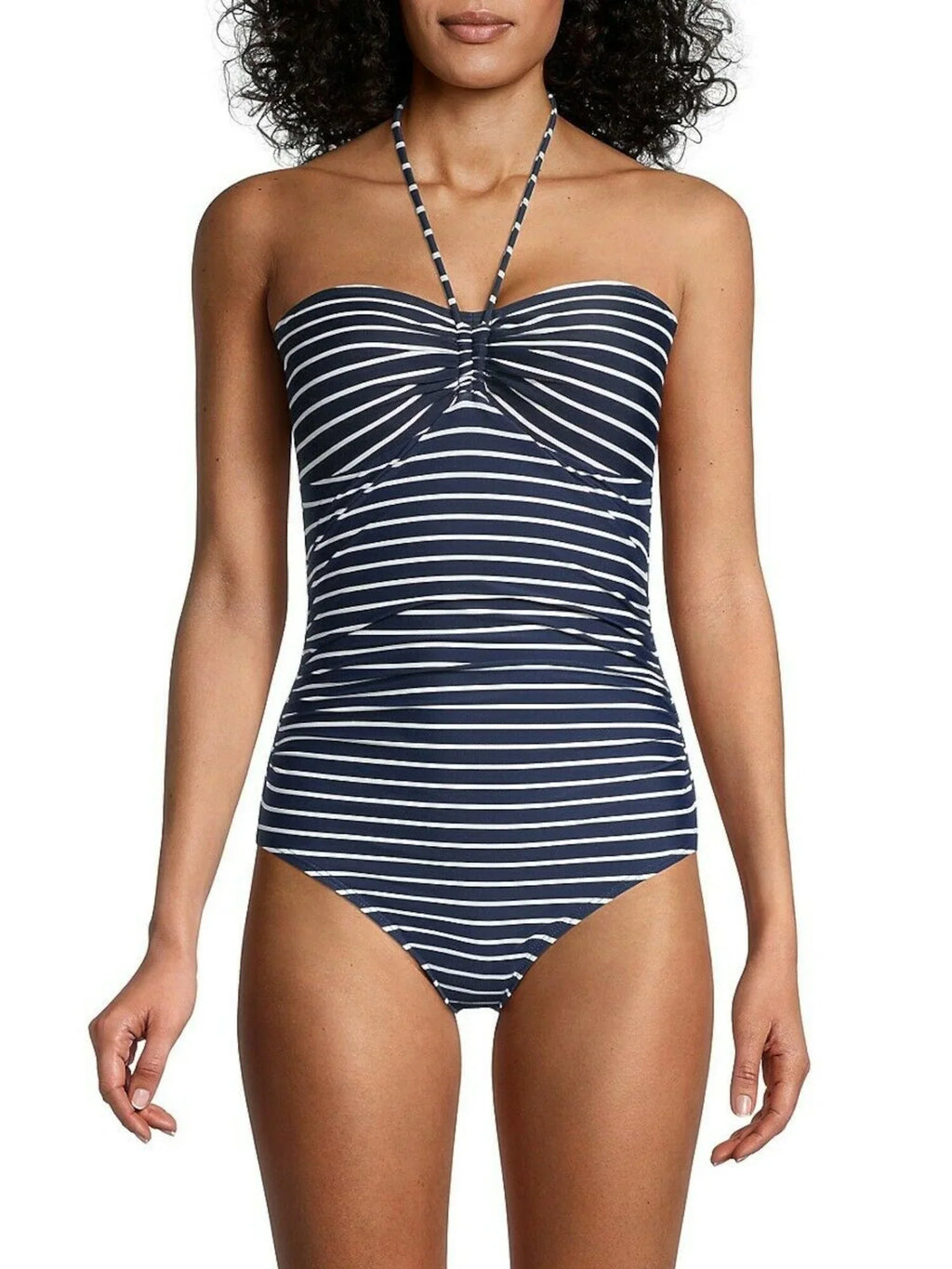 Bandeau Navy Lined Striped Women's Tie Molded Moderate Neck Stretch Coverage HILFIGER 4 Cup Piece Swimsuit One TOMMY