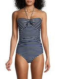 Bandeau Navy Lined Striped Women's Tie Molded Moderate Neck Stretch Coverage HILFIGER 4 Cup Piece Swimsuit One TOMMY