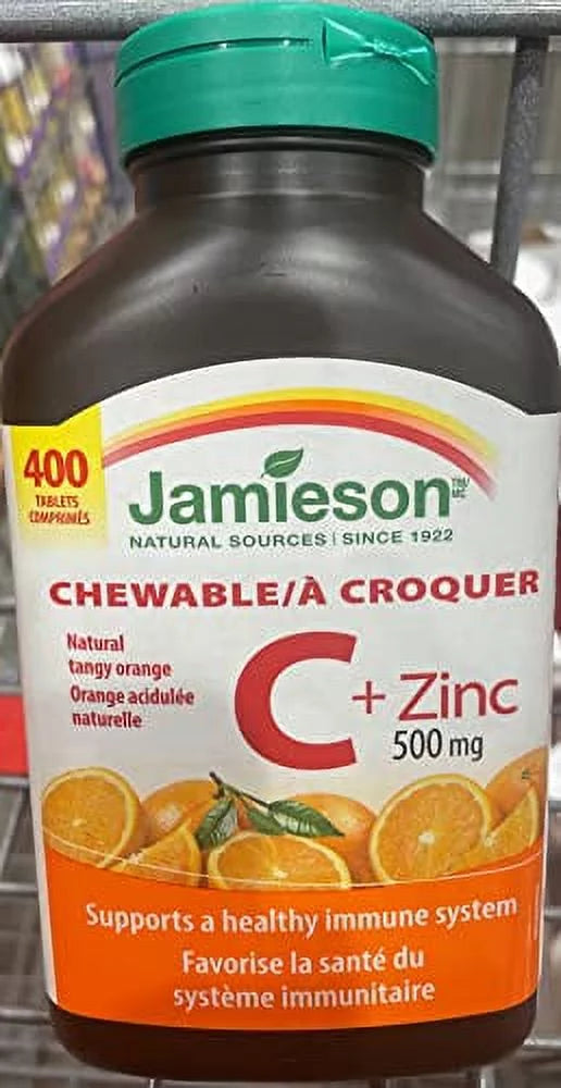Natural 500mg, Tablets + 400 Chewable Vitamin Tangy C Orange, Jamieson Zinc