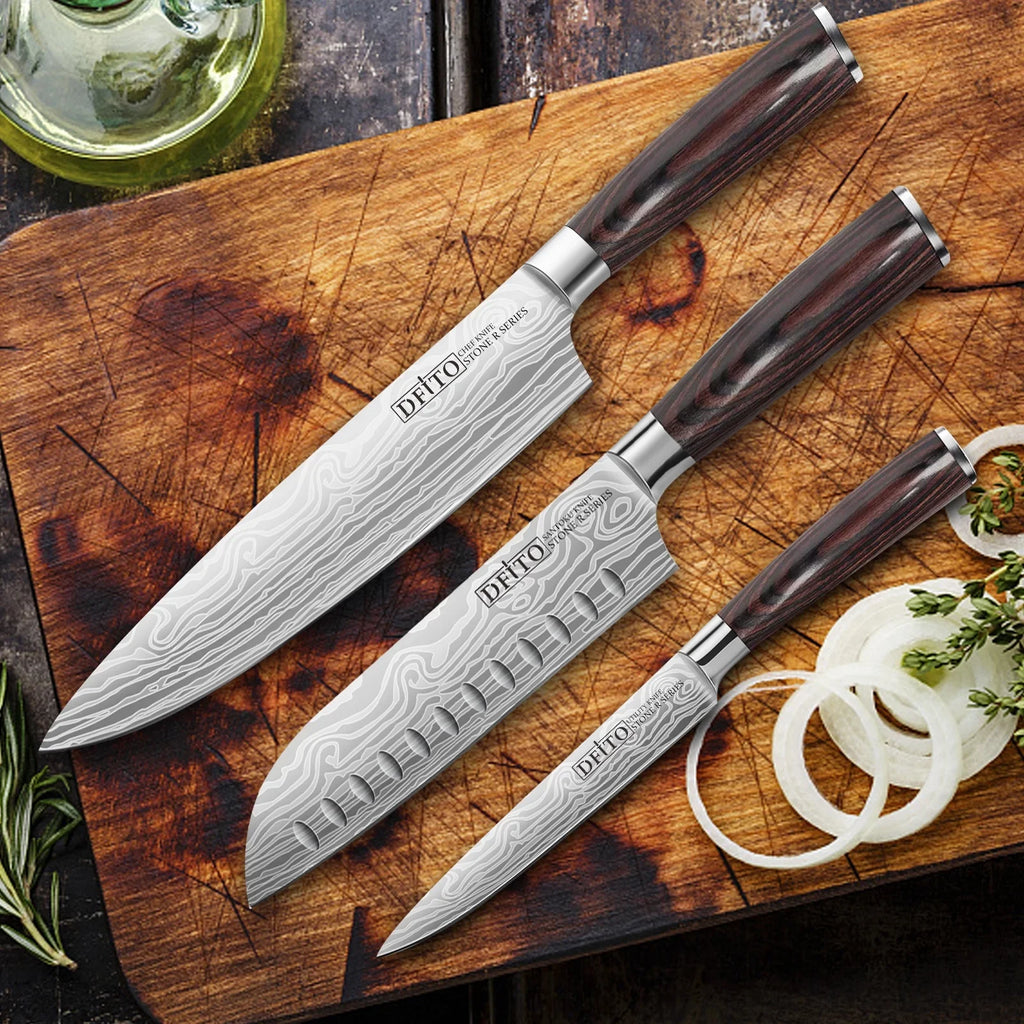 Ergonomic for Gift Carbon Chef DFITO Kitchen Steel Stainless Restaurant Knife, Knives,High or and Professional Blade, Ultra 3PCS Knife Home Handle Box Sharp Set, Chefs