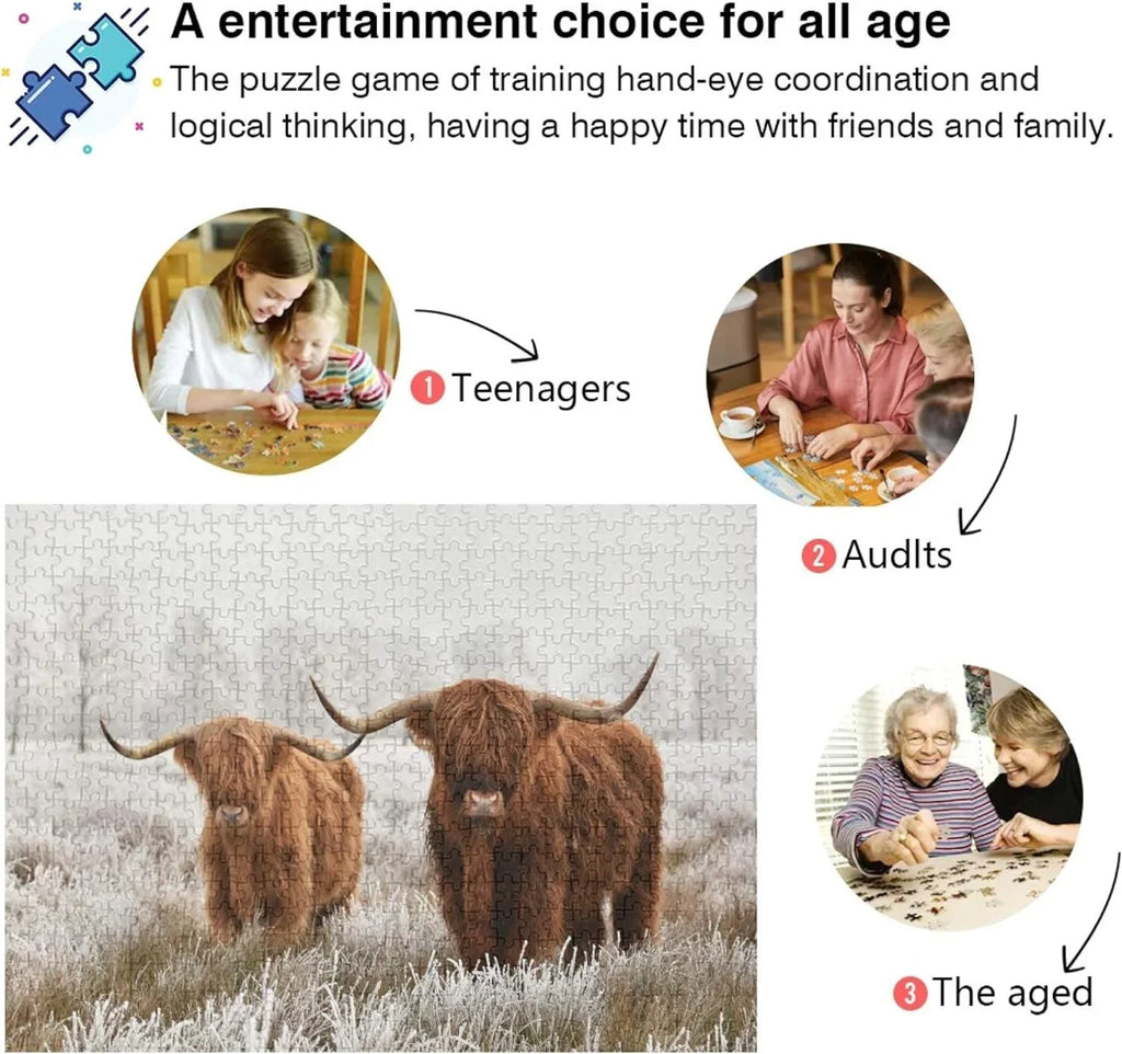 Scottish Wooden Puzzles for Friends Gift Adults, Pieces Creative Exercise Grandparents 500 for Jigsaw Challenging Parents Family Highland Fun Brain Game Jigsaw Cow Puzzle