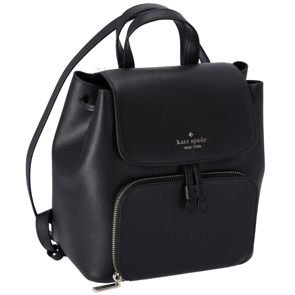Kristi Spade Leather Flap Black Kate Medium Refined Grain Drawstring Backpack