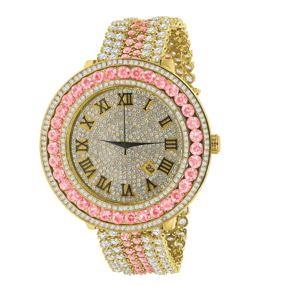 Pink dimension Gold Simulated Roman Face Diamond Rodeo Mens Tourmaline Adjustable Dial Big Jo Band Watch Custom Numeral Tone
