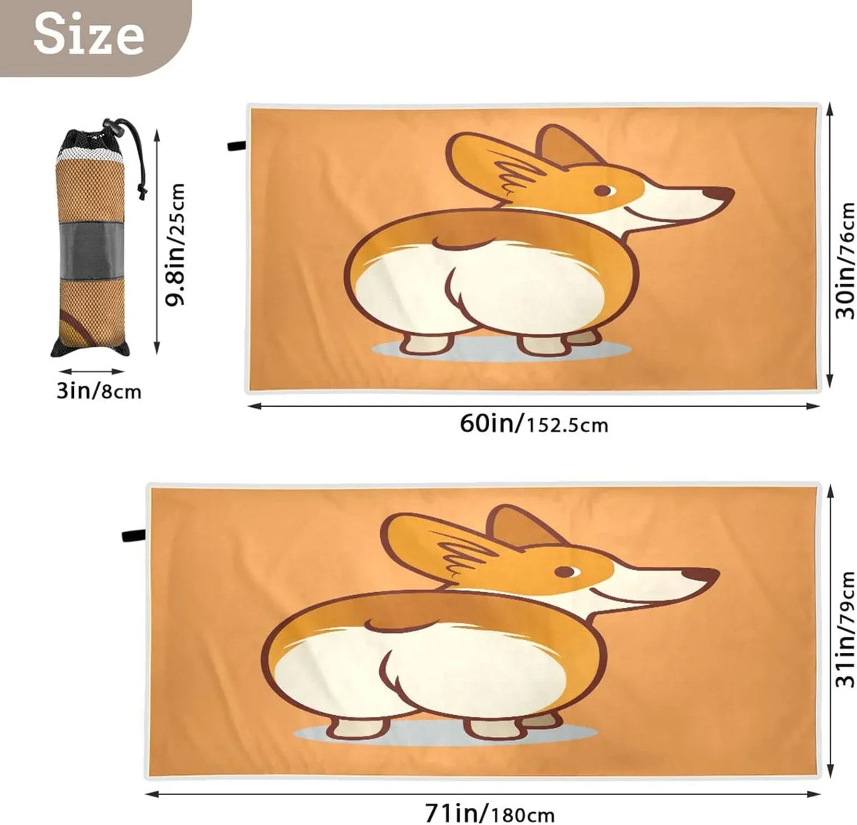 Dry Bestwell Travel Quick Compact Camping Beach Towel Super - Cute Towels Lightweight Corgi for Towel Oversized Holiday（353） Absorbent Swimming Orange -