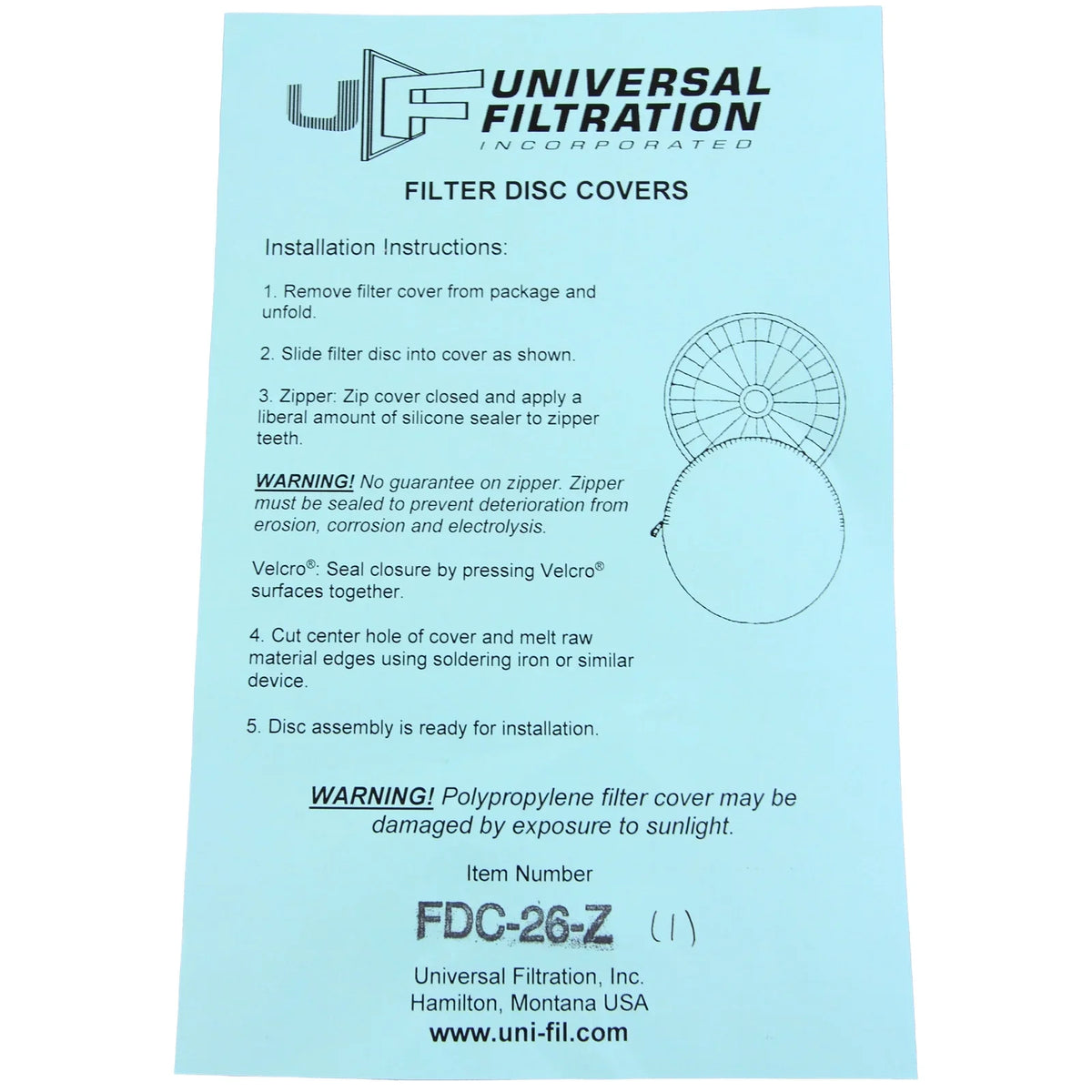w/ Disc Zipper dia, Filter Filtration, 26" Cover, Universal