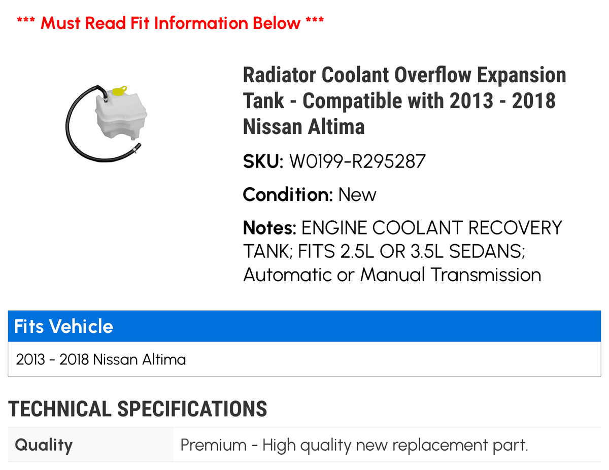'- Radiator 2017 Expansion 2016 Tank - 2014 Coolant 2015 Compatible Nissan 2013 Altima with 2018 Overflow