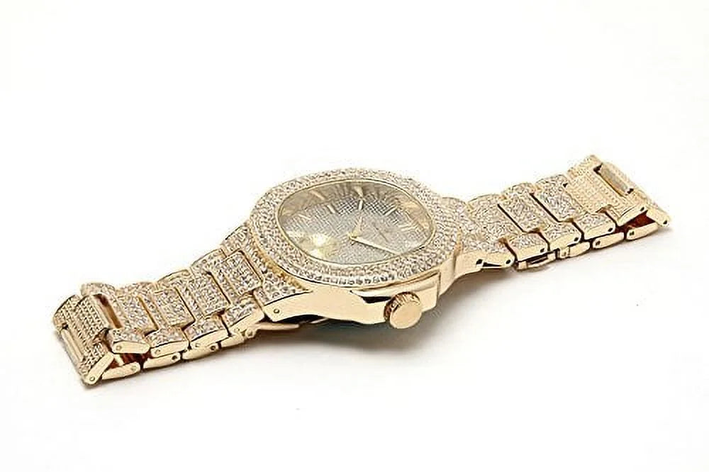 '- 8475B (Gold/Gold) Mens Metal Out Bling-ed Case Watch w/Matching Bracelet Set Bling-ed Oblong Out