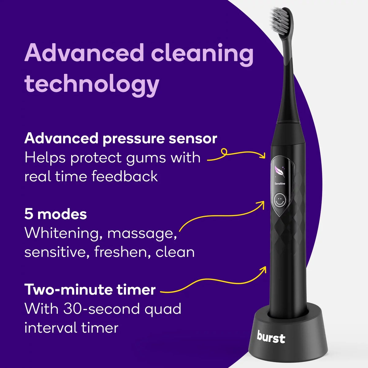 Burst Toothbrush, Sensor, Black Rechargeable Sonic Pressure Pro Electric Toothbrush,