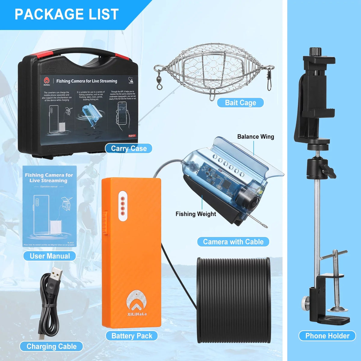 Fishing Camera Holder Finder Mobile Ice APP Cable with Case Lake Fishing Sea 50M Boat Underwater Fish Video with Camera Control Live Kayak for Phone Bait Cage Fishing Carry MIXFEER 1080P