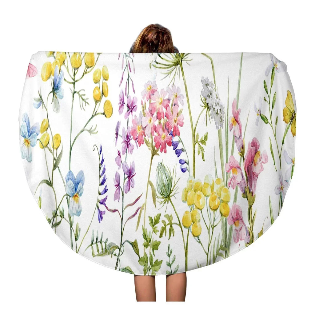 Yellow Wildflowers Towels Travel Circular inch 60 Blue Mat Towel LADDKA Tapestry Pink Blanket Round Circle Buttercup Beach Tansy Throw Watercolor Pansies Beach Tender