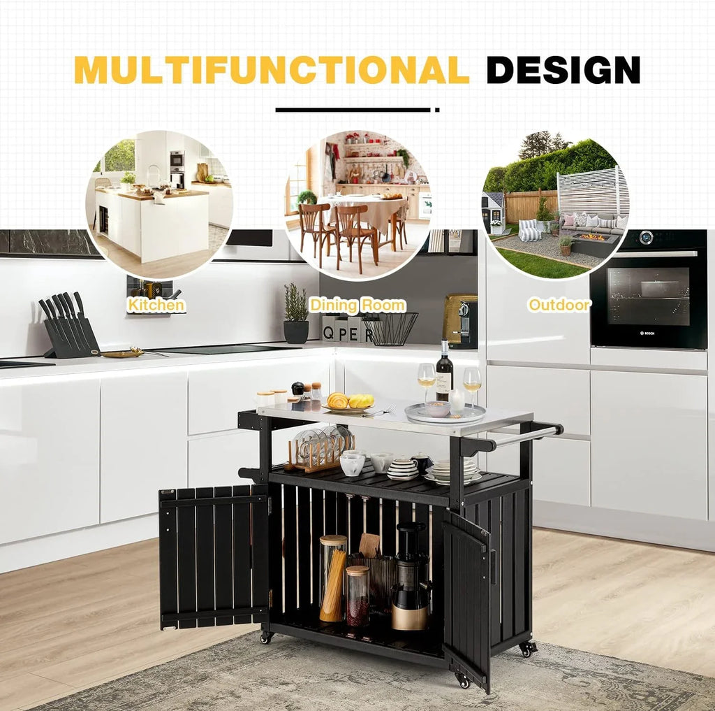 Rolling Towel Rack, Cabinet, Island And Storage Island With With Spice HDPE Steel Rack, Table Cart, Kitchen Black Hooks, Stainless Kitchen Top