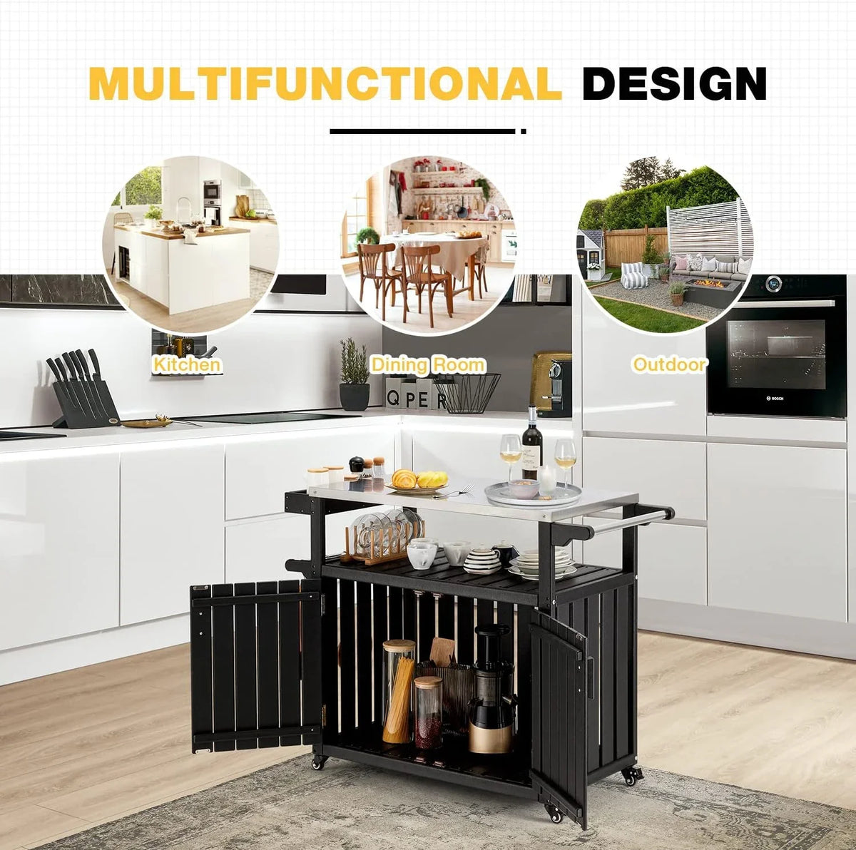 Rolling Towel Rack, Cabinet, Island And Storage Island With With Spice HDPE Steel Rack, Table Cart, Kitchen Black Hooks, Stainless Kitchen Top