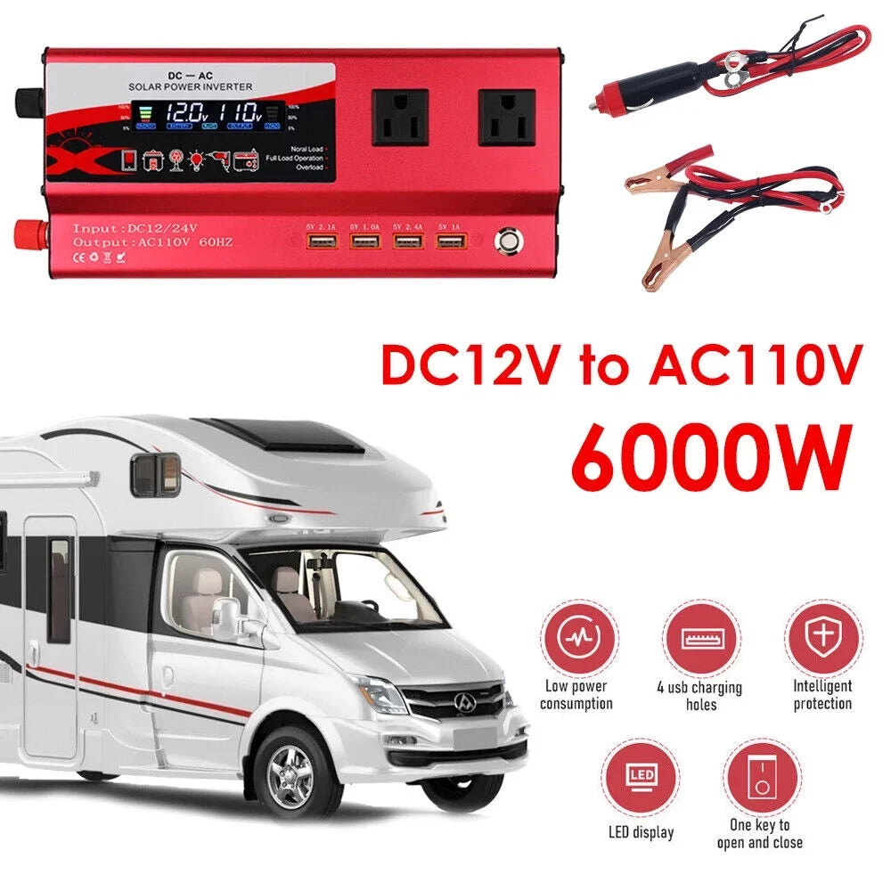 DC Converter Inverter Power RV Pure Wave 12V Sine 110V AC to 6000W Car LCD