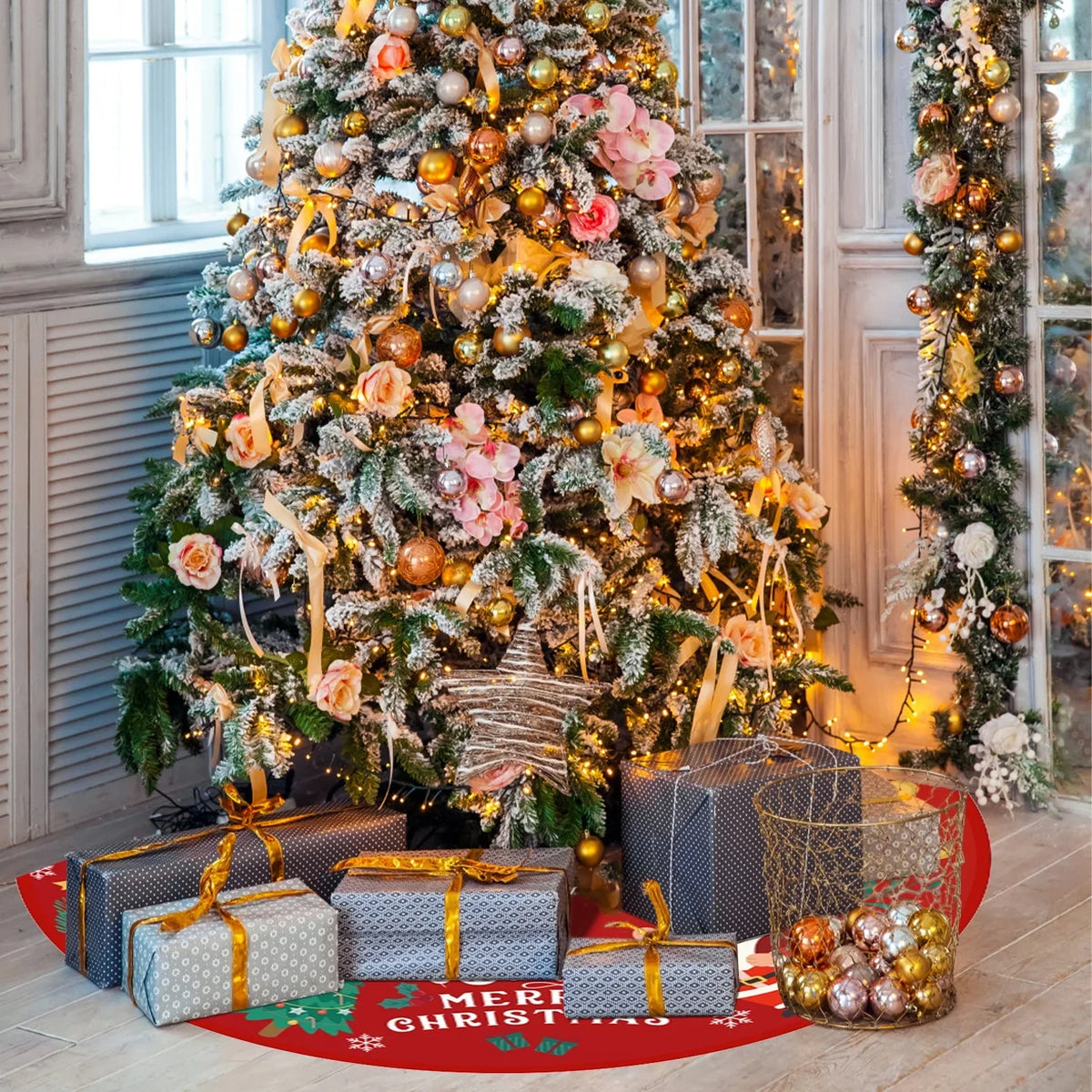 with Soft Holiday Tree Plush and Party Snow exterior Christmas Pattern Indoor Inches 36 Decorations Tree for Skirt Mat Red Tree Skirt Gold Ornaments Christmas