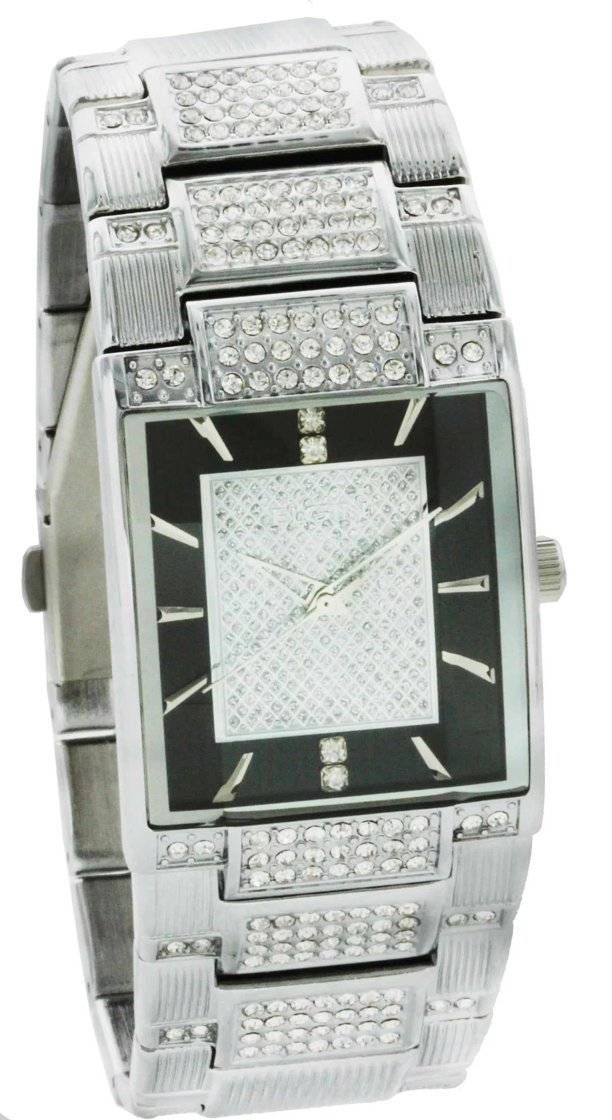 with - Elgin Tank Male Watch FG7029S Center Pave Dial Silver-Tone Adult